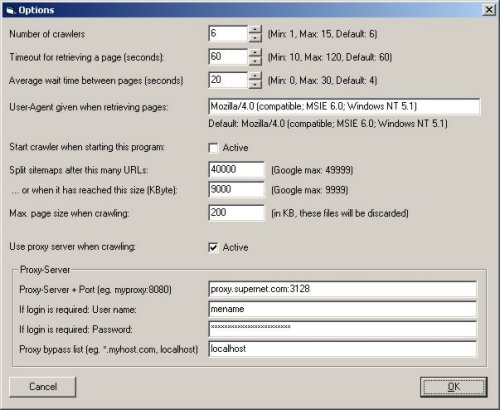 GSiteCrawler Options window