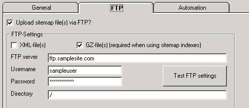 General FTP Settings in the GSiteCrawler