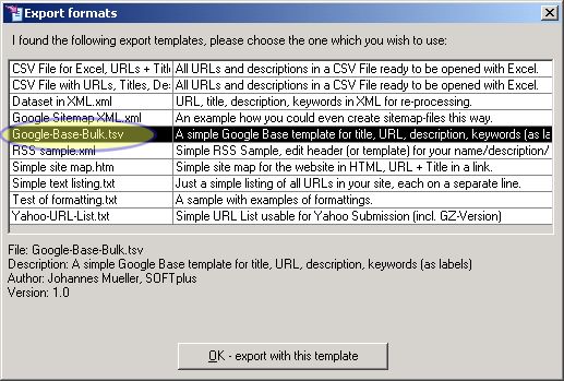 Export Google Base bulk import file with GSiteCrawler for Windows